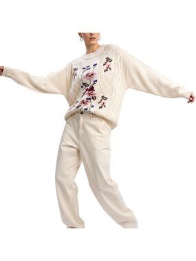 Vintage 90s cream cable knit floral intarsia crew neck retro grandma sweater L